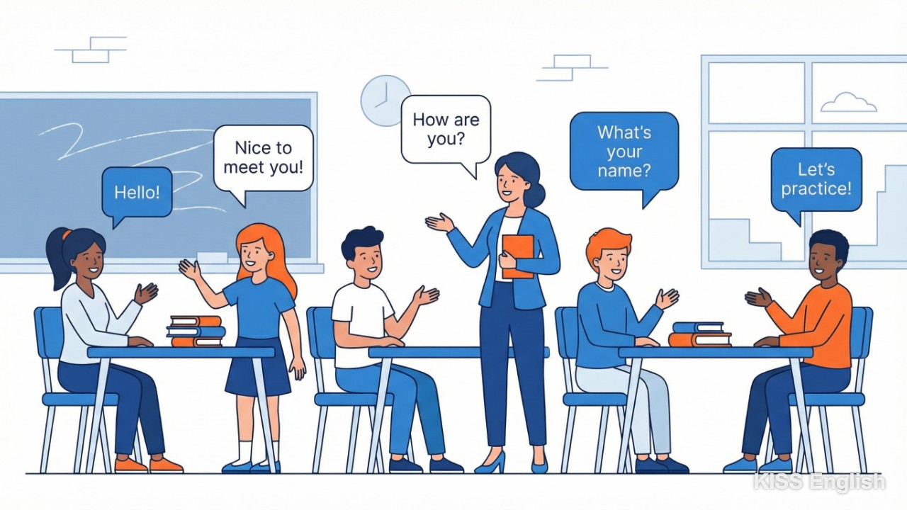 Học viên KISS English đang thực hành giao tiếp tiếng Anh trong lớp học thân thiện, thể hiện sự tương tác tích cực và tự tin khi nói chuyện