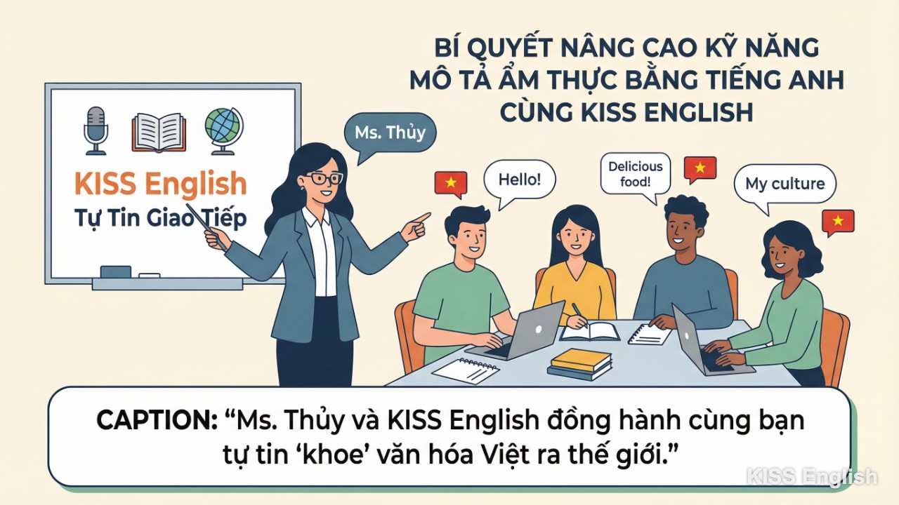 Ms. Thủy, người sáng lập KISS English, đang hướng dẫn học viên giao tiếp tiếng Anh tự tin về chủ đề ẩm thực Việt Nam