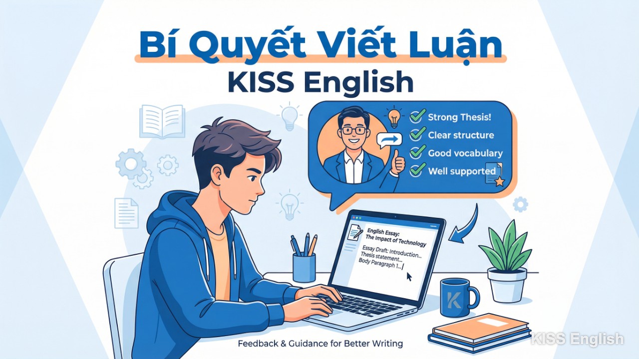 Học viên KISS English đang luyện viết luận tiếng Anh và nhận feedback từ giáo viên, minh họa quá trình cải thiện kỹ năng thông qua thực hành