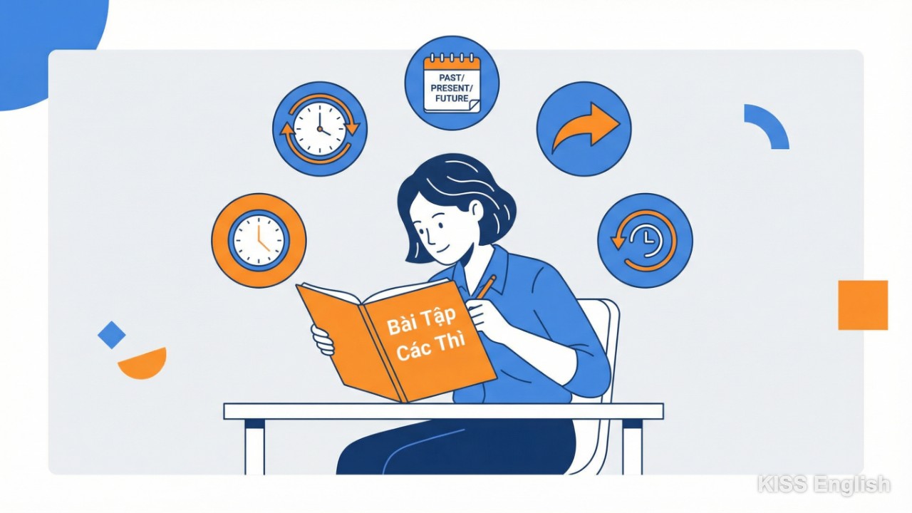 Hình ảnh minh họa một người học đang tập trung giải các bài tập tiếng Anh về các thì với bút và sổ tay, tượng trưng cho quá trình rèn luyện ngữ pháp.
