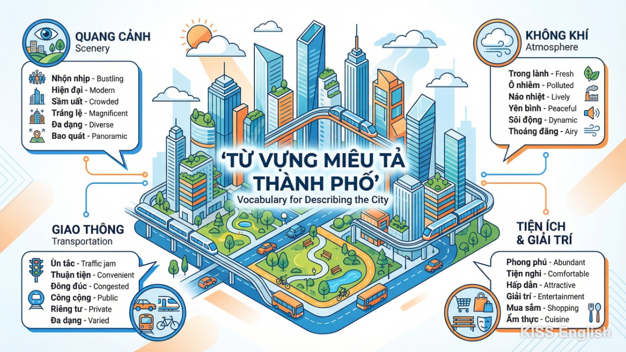 Infographic từ vựng miêu tả thành phố bằng tiếng Anh theo chủ đề