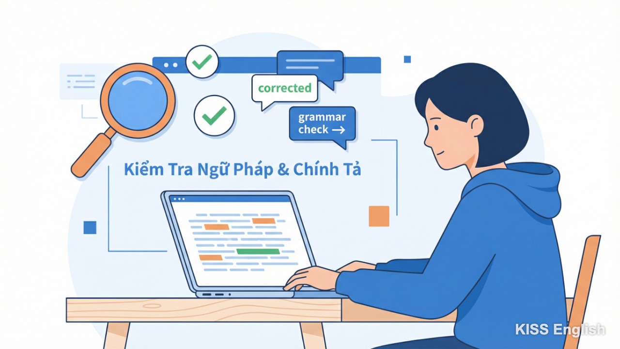 Người dùng kiểm tra lỗi ngữ pháp, chính tả và từ vựng khi viết đoạn văn tiếng Anh