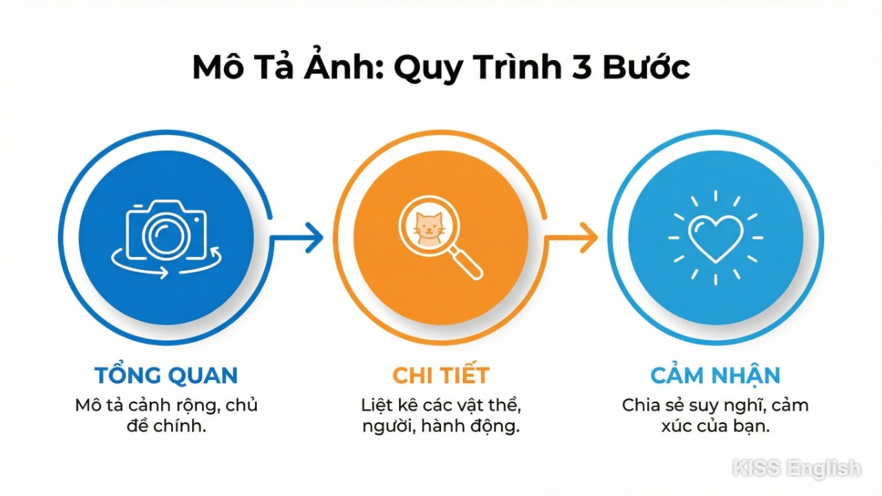 Infographic 3 bước tả tranh bằng tiếng Anh hiệu quả: Tổng quan, Chi tiết, Cảm nhận