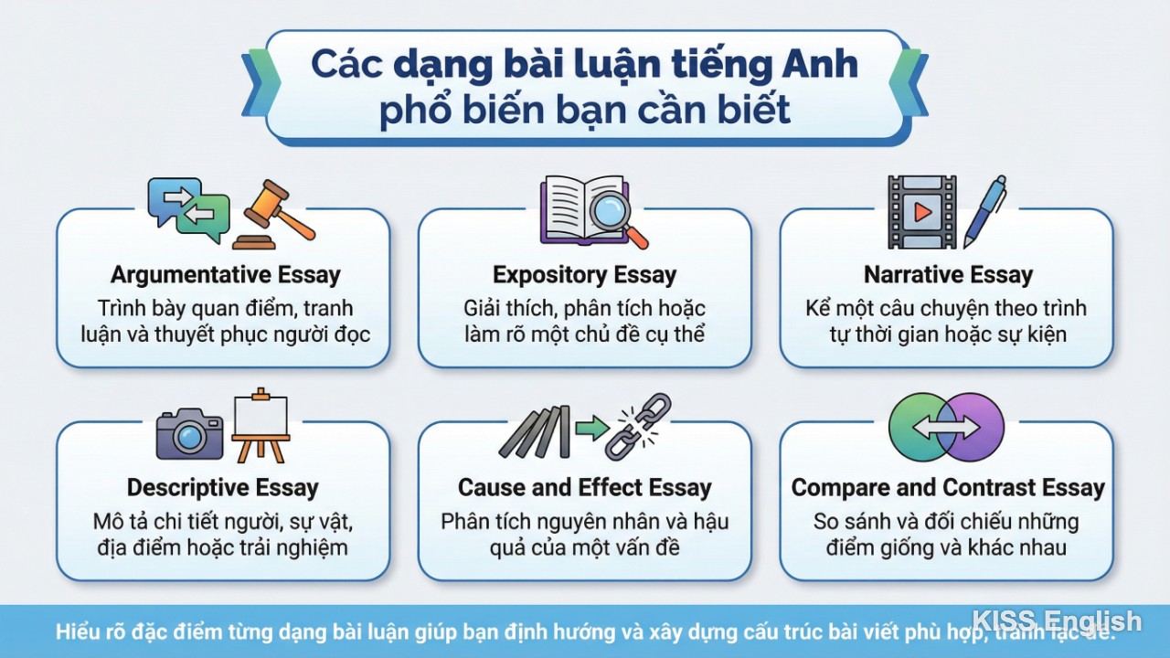 Infographic các dạng bài luận tiếng Anh cơ bản: Argumentative, Expository, Narrative, Descriptive, Cause and Effect, Compare and Contrast