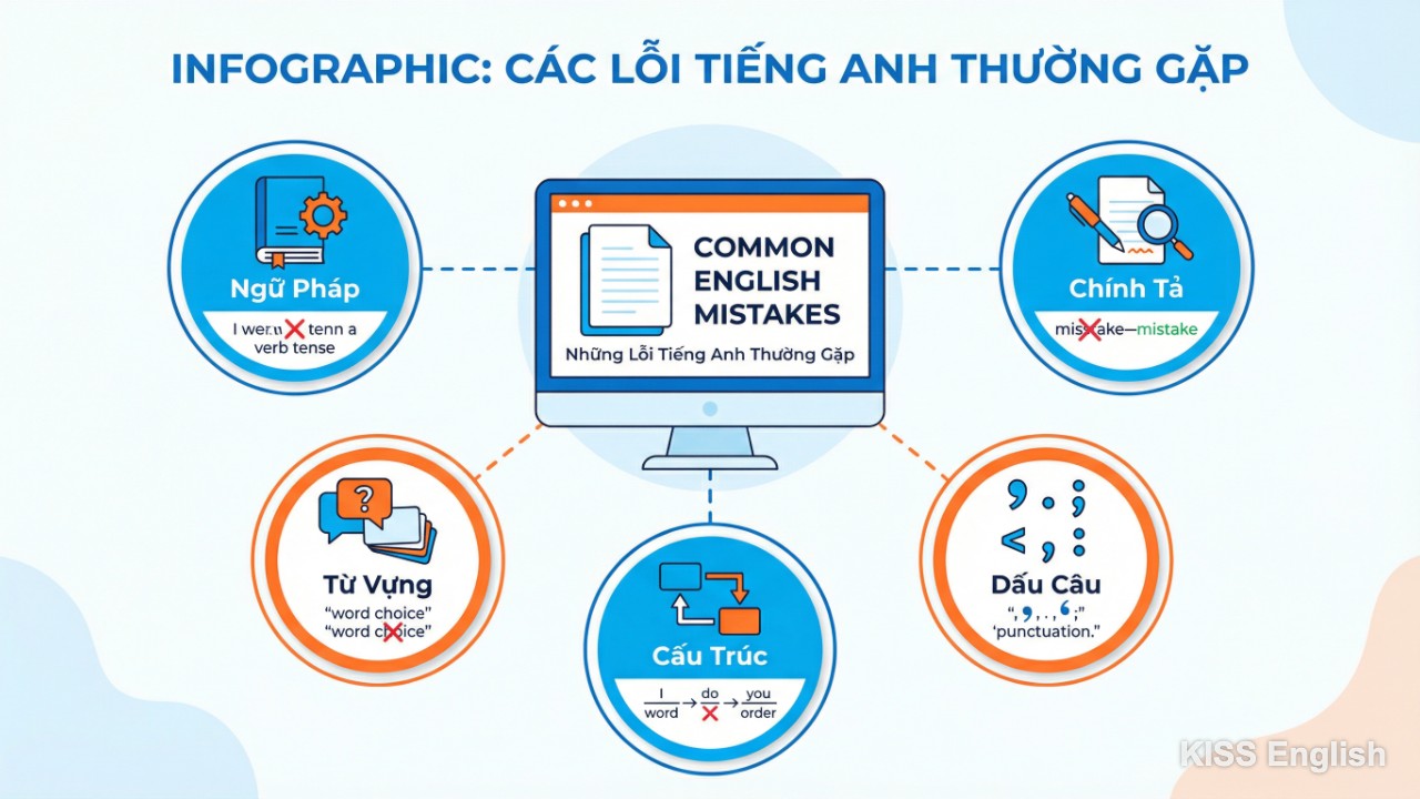 Biểu đồ các dạng lỗi sai tiếng Anh phổ biến bao gồm ngữ pháp, từ vựng, chính tả, dấu câu và cấu trúc giúp người học nhận diện vấn đề