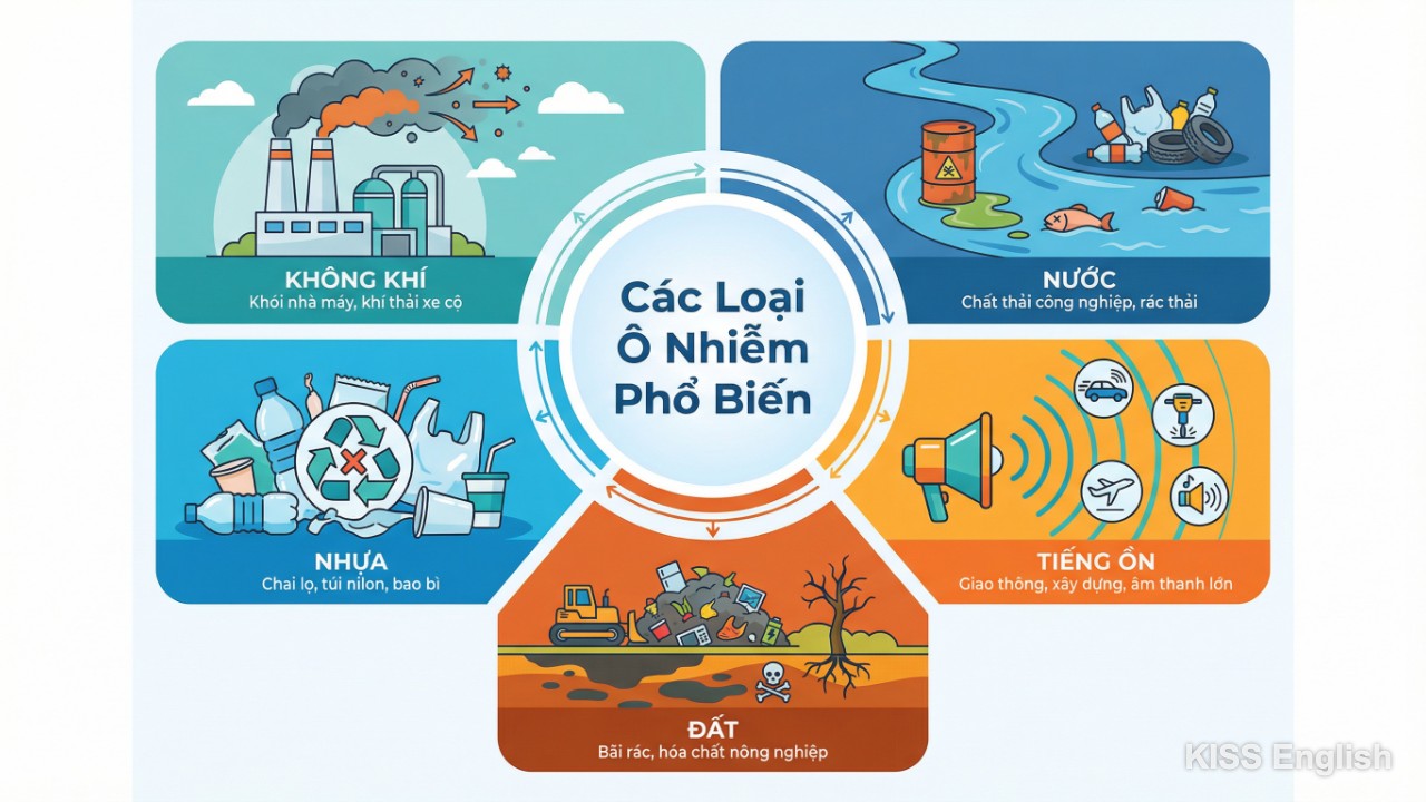 Hình ảnh minh họa các loại ô nhiễm môi trường gồm không khí, nước, đất, tiếng ồn và nhựa, giúp người học dễ dàng nhận diện và phân loại các vấn đề sinh thái.