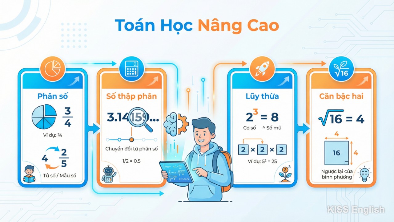 Hình ảnh minh họa các ký hiệu toán học nâng cao như phân số, số thập phân, lũy thừa và căn bậc hai, giúp người học dễ dàng ghi nhớ cách đọc tiếng Anh.