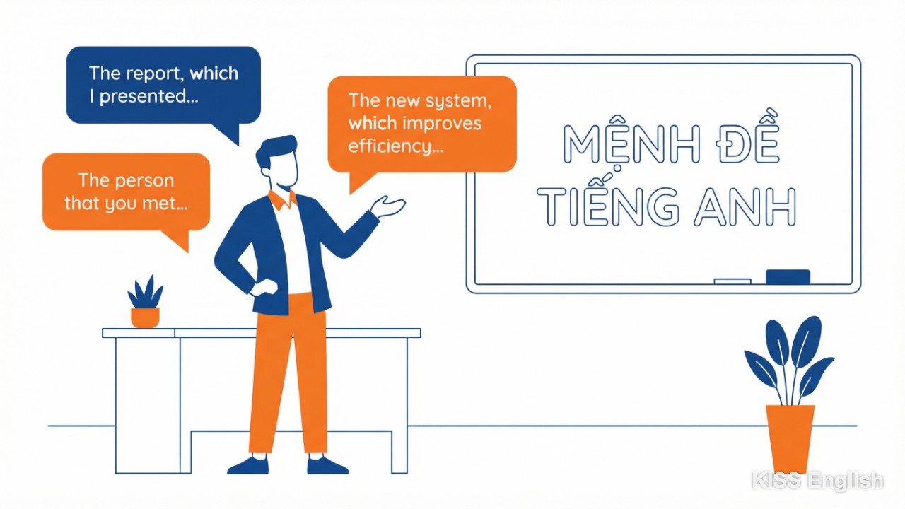 Một người đang trò chuyện tự tin trong môi trường công sở, xung quanh là các bong bóng thoại chứa các cấu trúc mệnh đề tiếng Anh phức tạp, minh họa sự lưu loát trong giao tiếp.