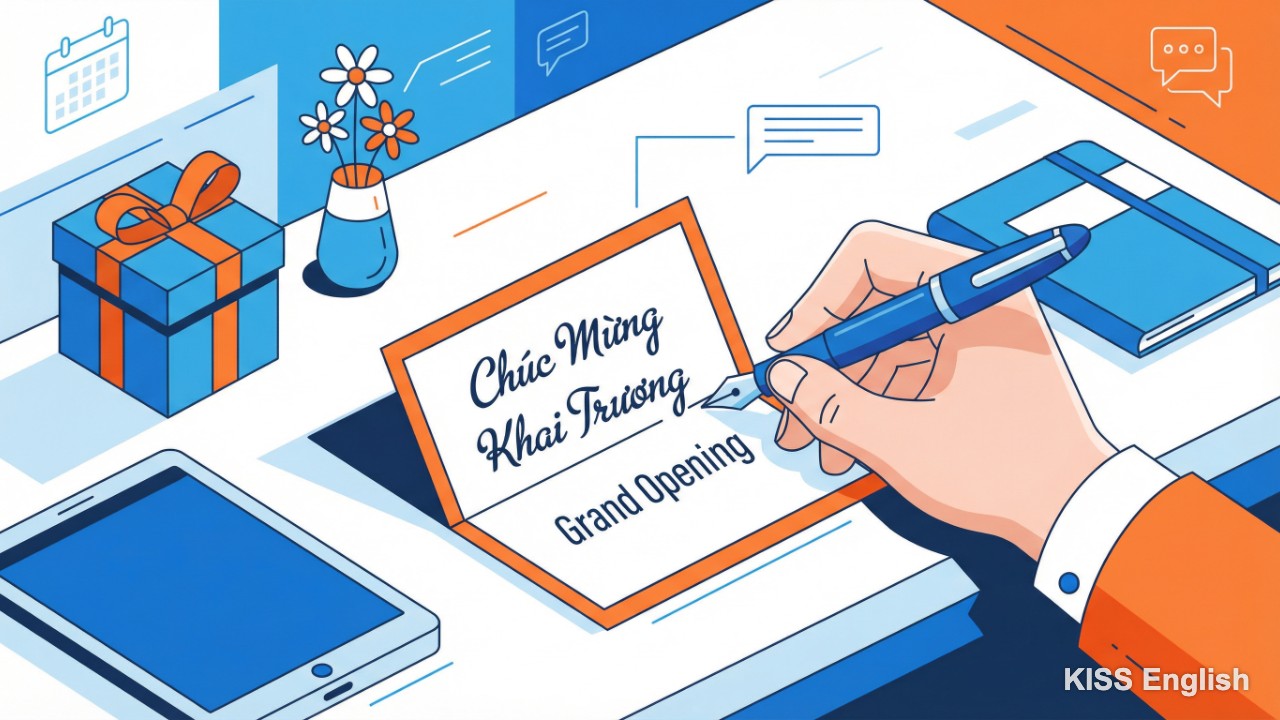 Bàn tay đang nắn nót viết lời chúc khai trương bằng tiếng Anh lên tấm thiệp sang trọng, minh họa cho sự chuyên nghiệp và tinh tế.