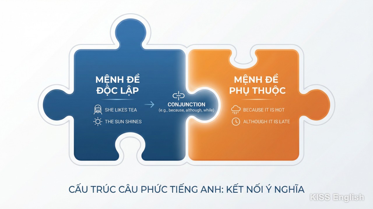 Sơ đồ minh họa cấu trúc câu phức tiếng Anh với mệnh đề độc lập và phụ thuộc, giúp người học nắm vững cách kết nối ý tưởng