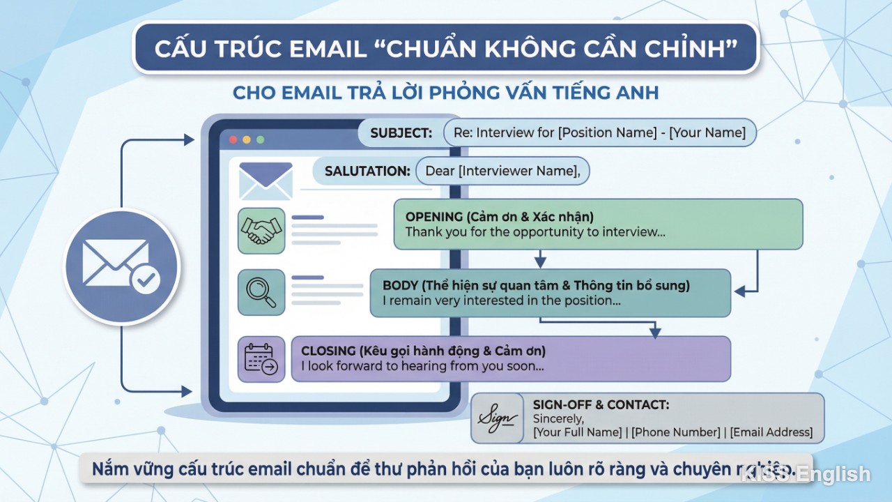 Infographic minh họa cấu trúc email trả lời phỏng vấn tiếng Anh chuyên nghiệp, giúp ứng viên trình bày nội dung logic và ấn tượng.