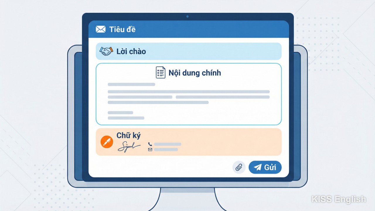 Sơ đồ cấu trúc một email thương mại chuyên nghiệp gồm các phần tiêu đề, lời chào, nội dung và chữ ký