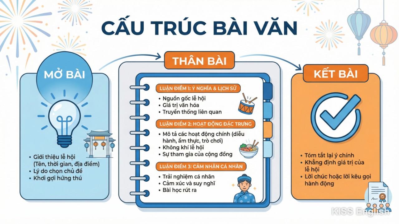 Sơ đồ cấu trúc bài văn tiếng Anh về lễ hội bao gồm Mở bài, Thân bài và Kết bài giúp học sinh nắm vững quy trình viết bài mạch lạc.