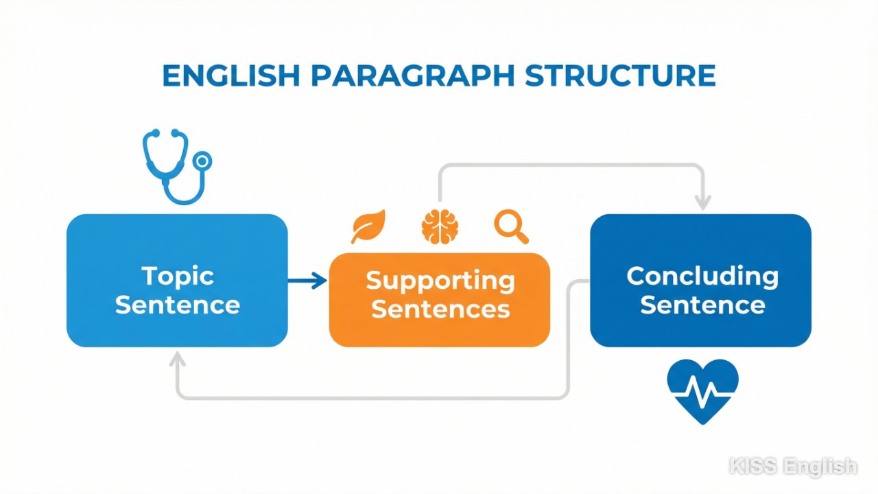 Sơ đồ infographic minh họa cấu trúc đoạn văn tiếng Anh gồm Topic Sentence, Supporting Sentences và Concluding Sentence giúp người học tổ chức nội dung về sức khỏe khoa học