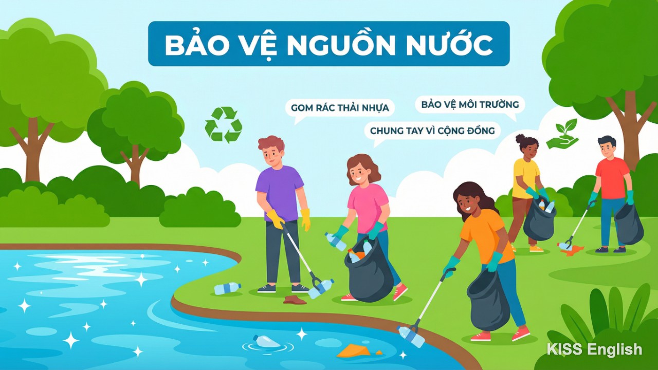 Nhóm người đang dọn dẹp rác thải bên bờ sông, hành động bảo vệ và làm sạch môi trường nước