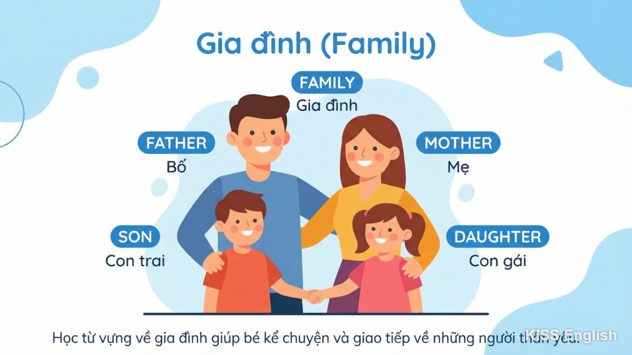 Hình ảnh gia đình hạnh phúc gồm bố mẹ và các con, minh họa từ vựng tiếng Anh về gia đình