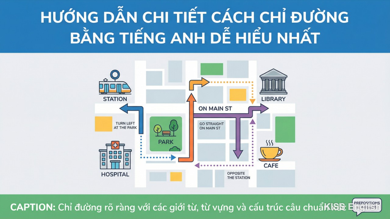 Bản đồ thành phố sinh động với các mũi tên chỉ đường và các mốc địa điểm bằng tiếng Anh giúp người học nắm bắt từ vựng trực quan