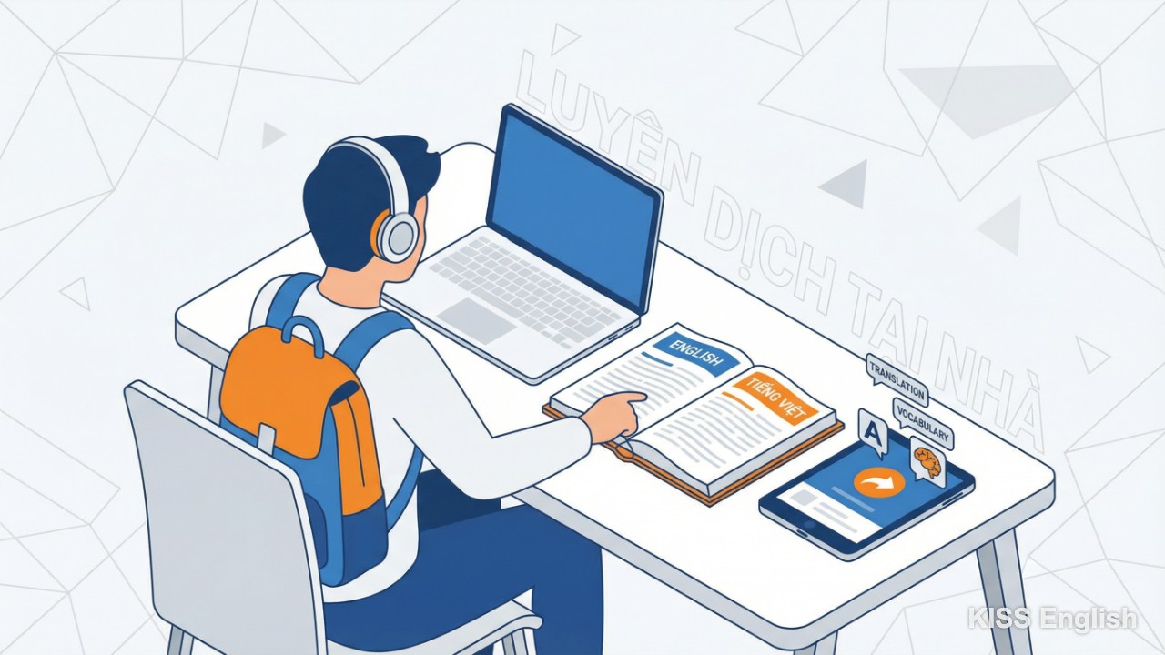 Người học sử dụng sách song ngữ và ứng dụng để luyện dịch tiếng Anh tại nhà