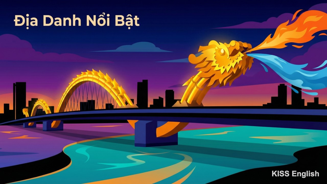 Hình ảnh Cầu Rồng Đà Nẵng phun lửa và nước rực rỡ vào ban đêm, minh họa cho vẻ đẹp của các địa danh nổi bật tại Việt Nam