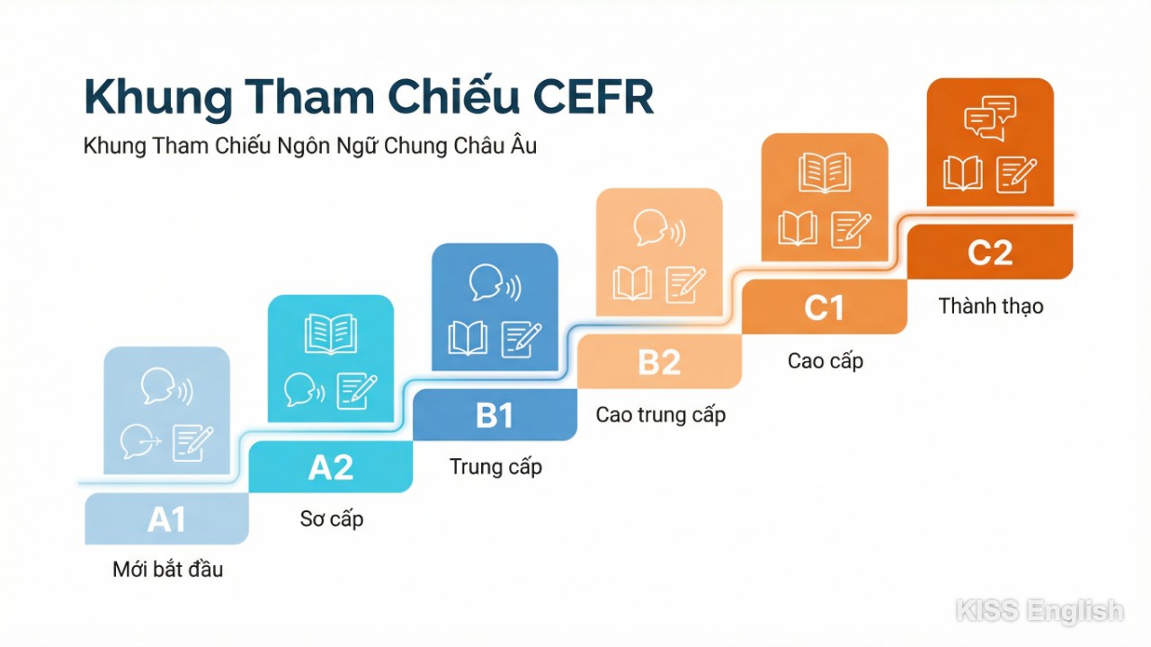 Sơ đồ minh họa Khung Tham Chiếu Ngôn Ngữ Chung Châu Âu CEFR với các bậc thang phân chia năng lực từ A1 đến C2.
