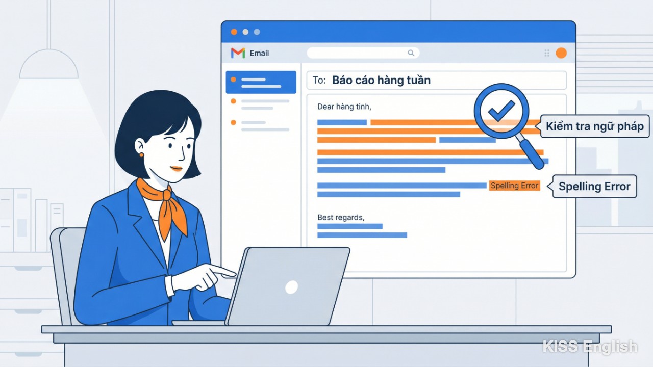 Người dùng kiểm tra lỗi ngữ pháp và chính tả trên email bằng công cụ hỗ trợ, giúp tạo ấn tượng chuyên nghiệp ngay từ lần đầu.