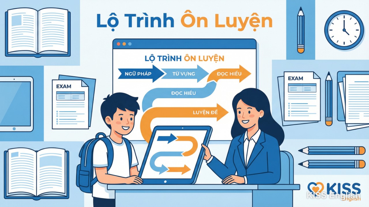 Một học viên đang tập trung ôn luyện Tiếng Anh THPT Quốc gia cùng giáo viên KISS English, minh họa lộ trình học tập chuyên nghiệp và hiệu quả.