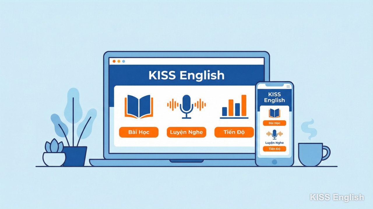 Giao diện website hoặc ứng dụng học tiếng Anh của KISS English với các khóa học trực quan sinh động