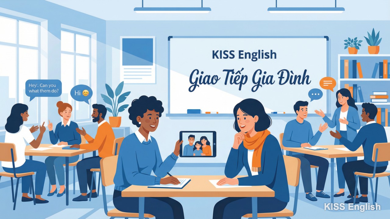 Học viên KISS English thực hành giao tiếp tiếng Anh tự tin trong lớp học, minh họa quá trình phát triển kỹ năng giới thiệu gia đình.