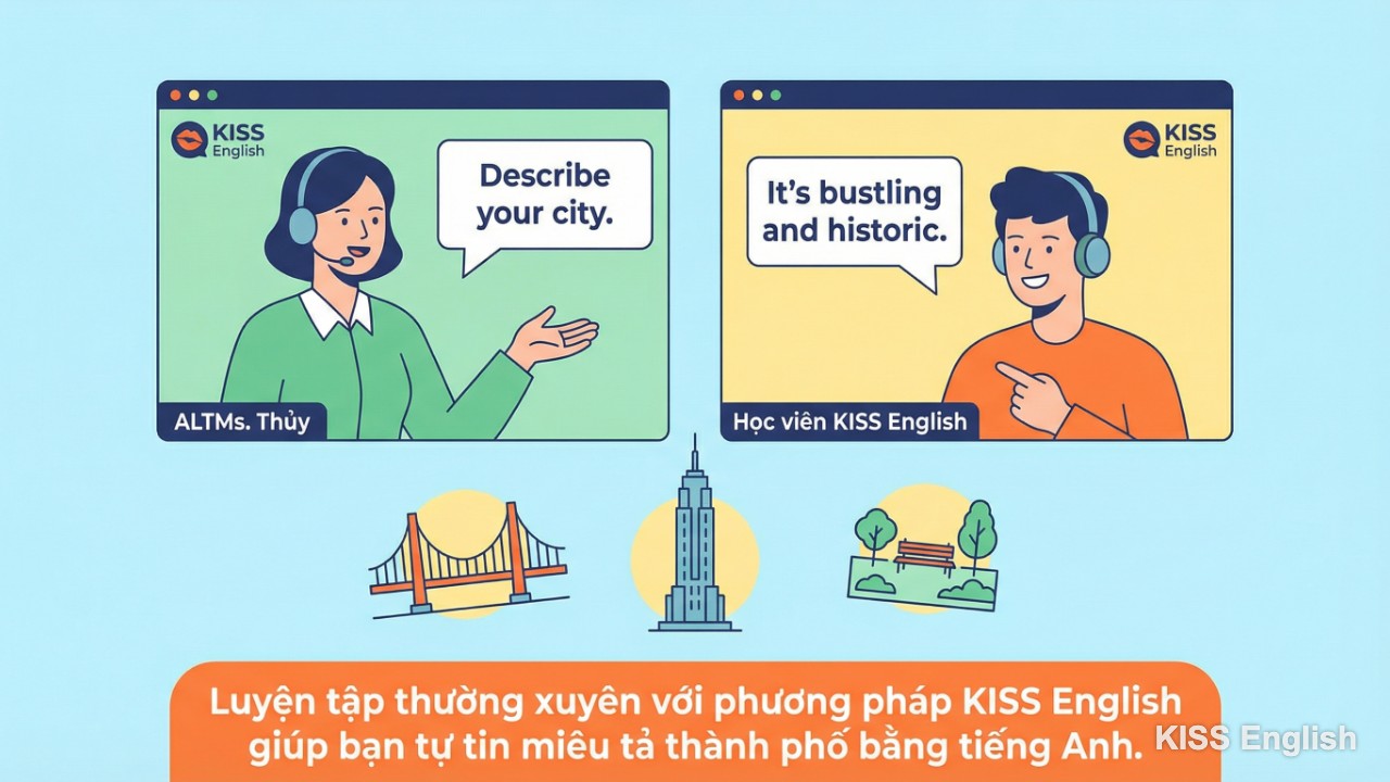 Ms. Thủy và học viên KISS English đang luyện nói tiếng Anh giao tiếp, minh họa quá trình học tập thực tế và hiệu quả