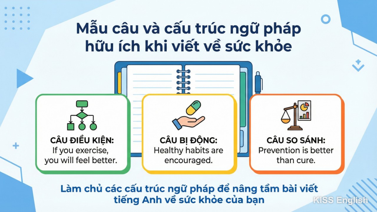Minh họa các cấu trúc ngữ pháp tiếng Anh về chủ đề sức khỏe như câu điều kiện, câu bị động và câu so sánh giúp nâng cao kỹ năng viết