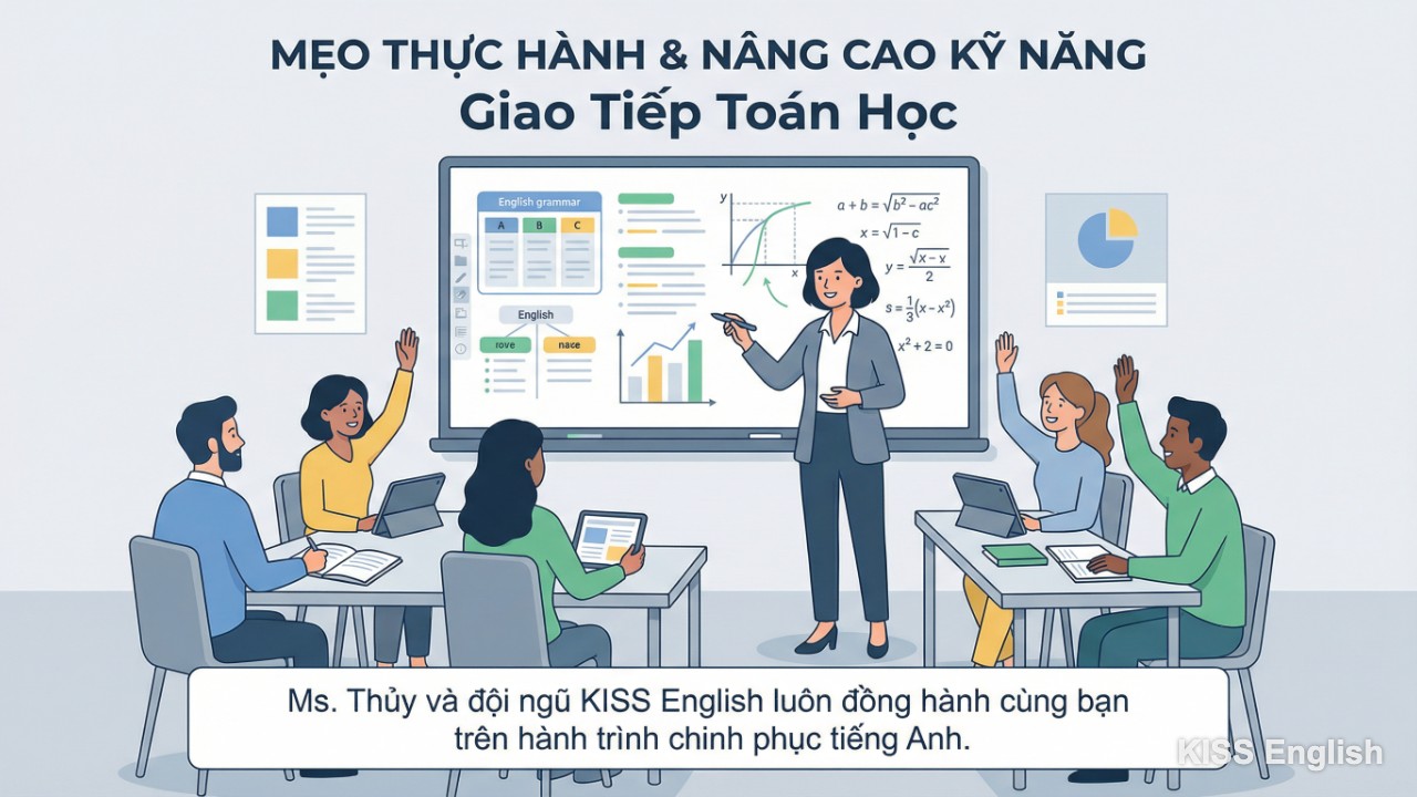 Ms. Thủy đang nhiệt tình giảng bài tiếng Anh chuyên ngành Toán học với bảng trắng và các học viên đang tương tác sôi nổi, minh họa việc nâng cao kỹ năng giao tiếp.
