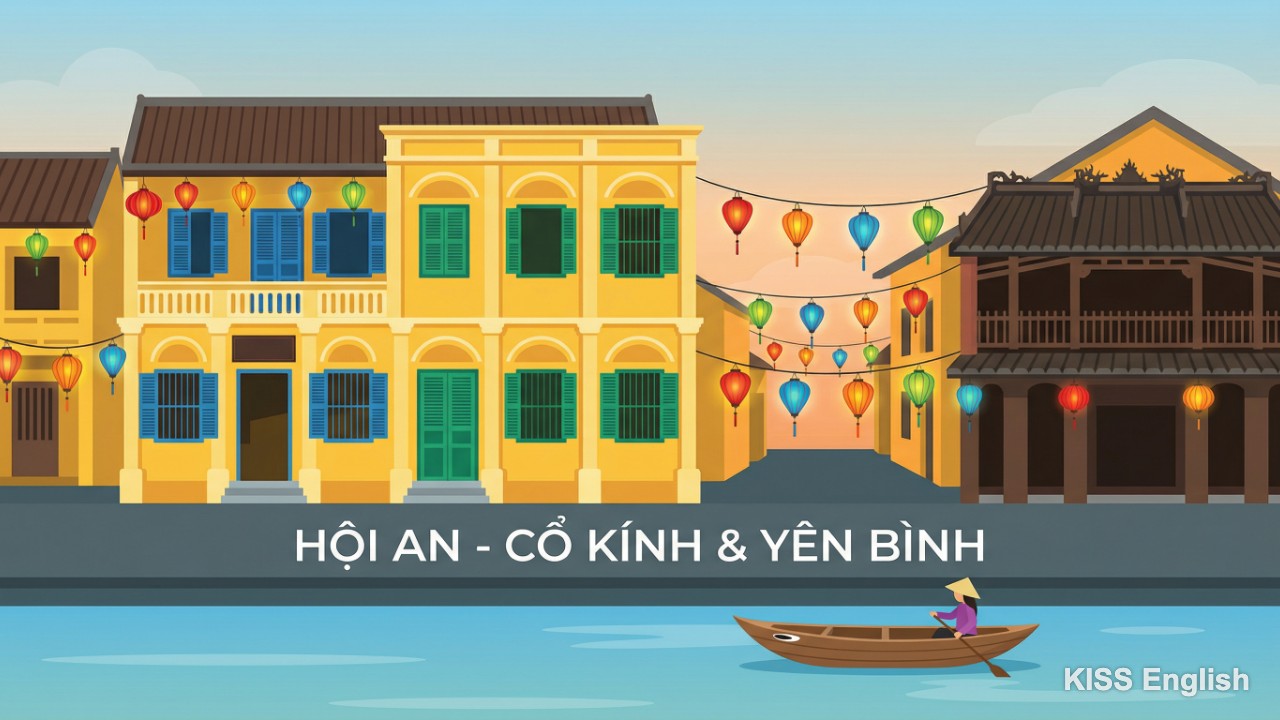 Phố cổ Hội An lung linh với đèn lồng và kiến trúc cổ kính, minh họa cách sử dụng từ vựng miêu tả không gian yên bình