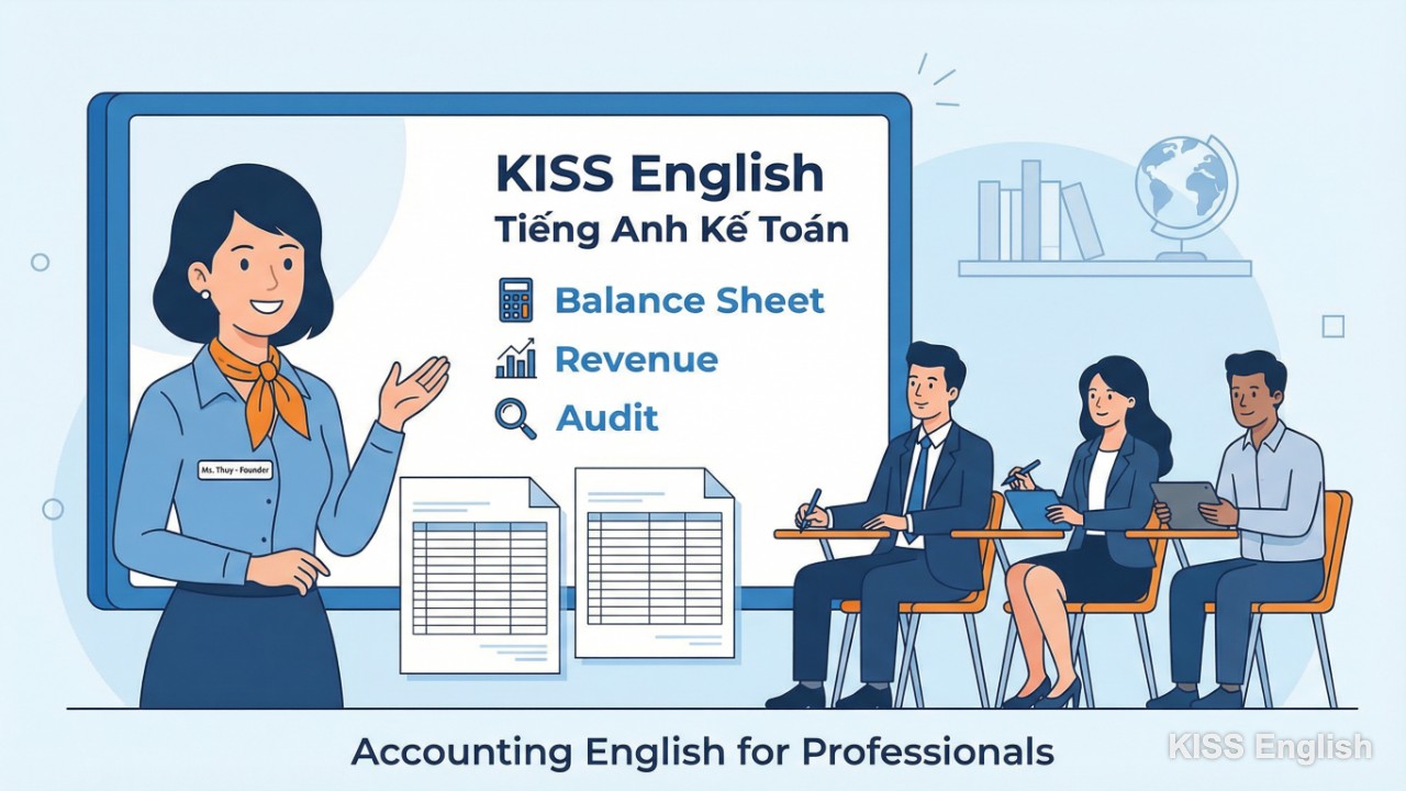 Ms. Thủy (Hoàng Minh Thủy) – Người sáng lập KISS English, đang giảng dạy tiếng Anh cho kế toán viên, minh họa phương pháp KISS hiệu quả