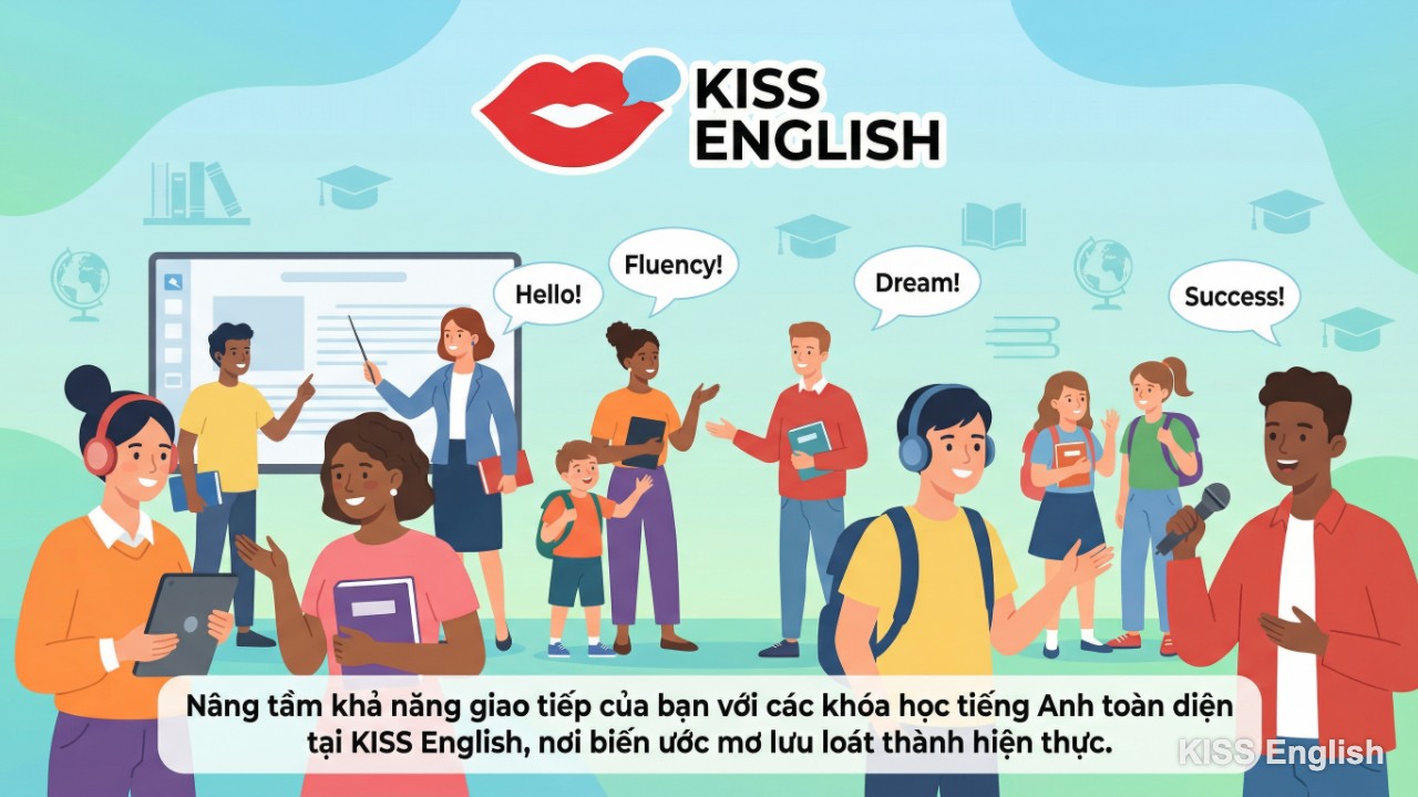 Học viên rạng rỡ tương tác trong lớp học tiếng Anh tại KISS English, minh họa môi trường học tập hiện đại và hiệu quả