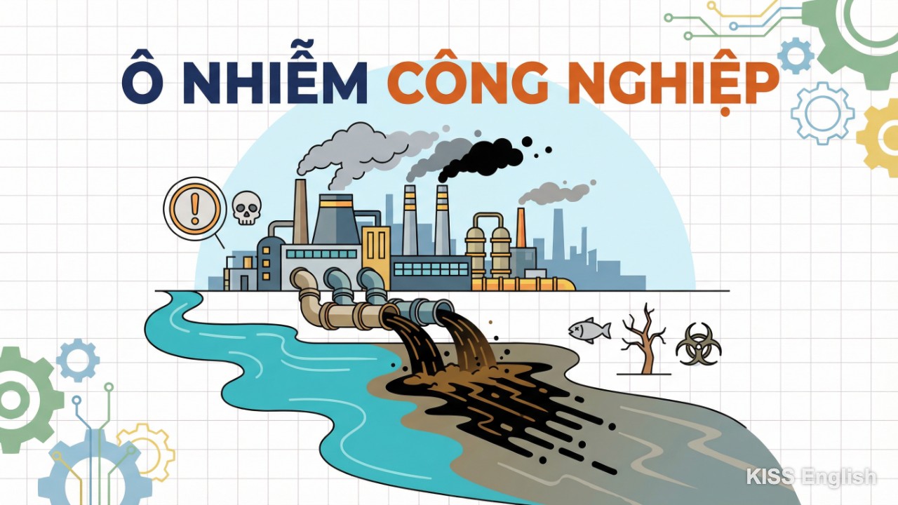 Nhà máy xả nước thải và khói bụi ra môi trường, minh họa hiện trạng ô nhiễm công nghiệp phá hủy nguồn nước.