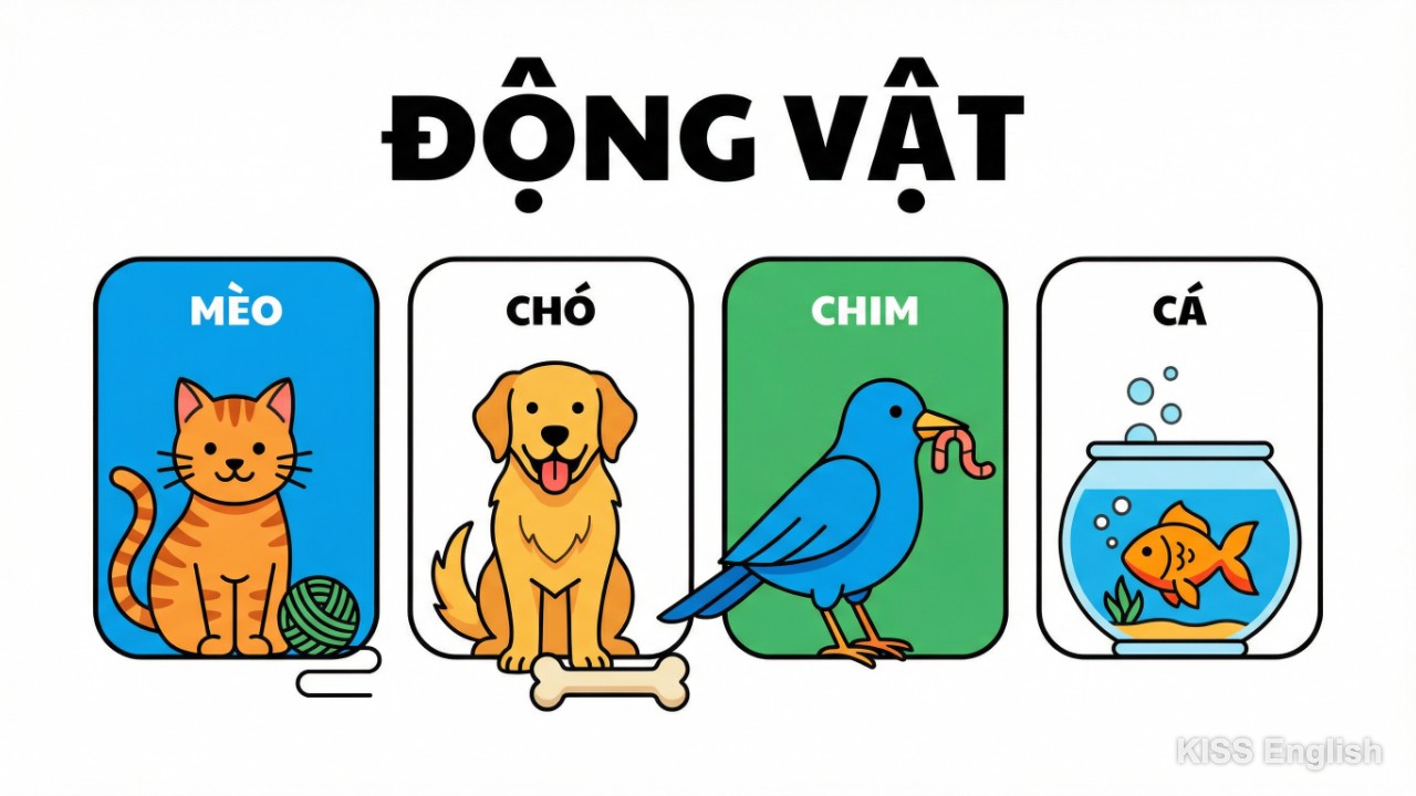 Bộ sưu tập các loài động vật quen thuộc như mèo, chó, chim, cá, minh họa từ vựng tiếng Anh về động vật