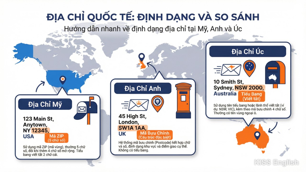 Hình ảnh minh họa bản đồ thế giới cùng với quốc kỳ Mỹ, Anh, Úc và các biểu tượng phong thư, thể hiện sự khác biệt trong cách trình bày địa chỉ tiếng Anh theo từng vùng.