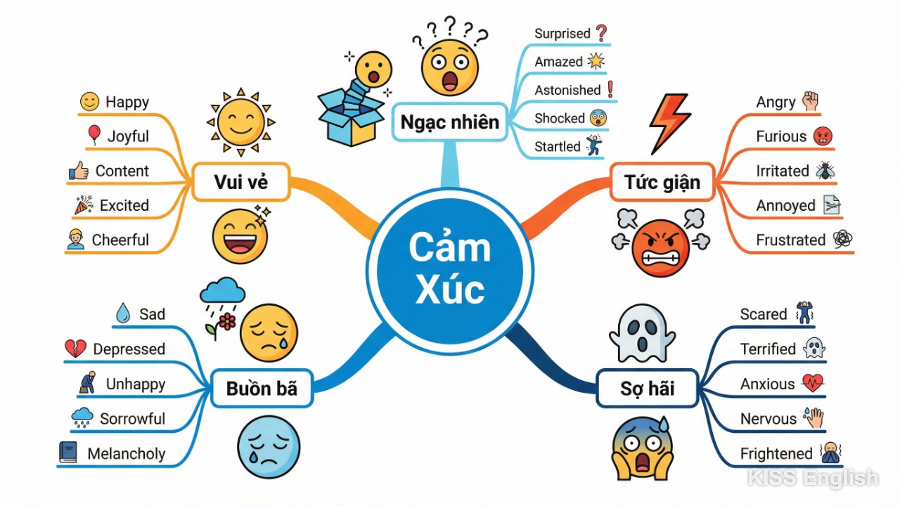 Sơ đồ tư duy (mindmap) phân loại các nhóm từ chỉ cảm xúc tiếng Anh: vui vẻ, buồn bã, tức giận, sợ hãi, ngạc nhiên