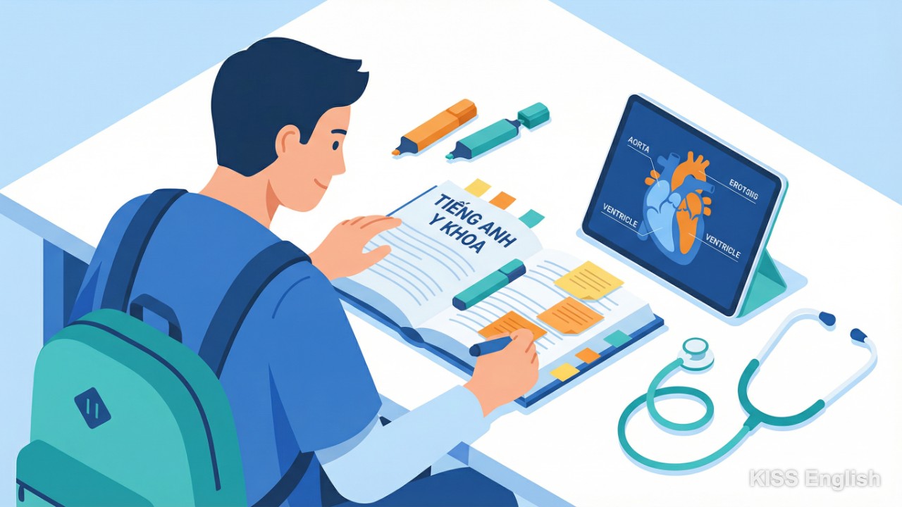 Học viên thực hành tiếng Anh y khoa với sách, ghi chú và các tài liệu bổ trợ, minh họa quá trình học tập hiệu quả