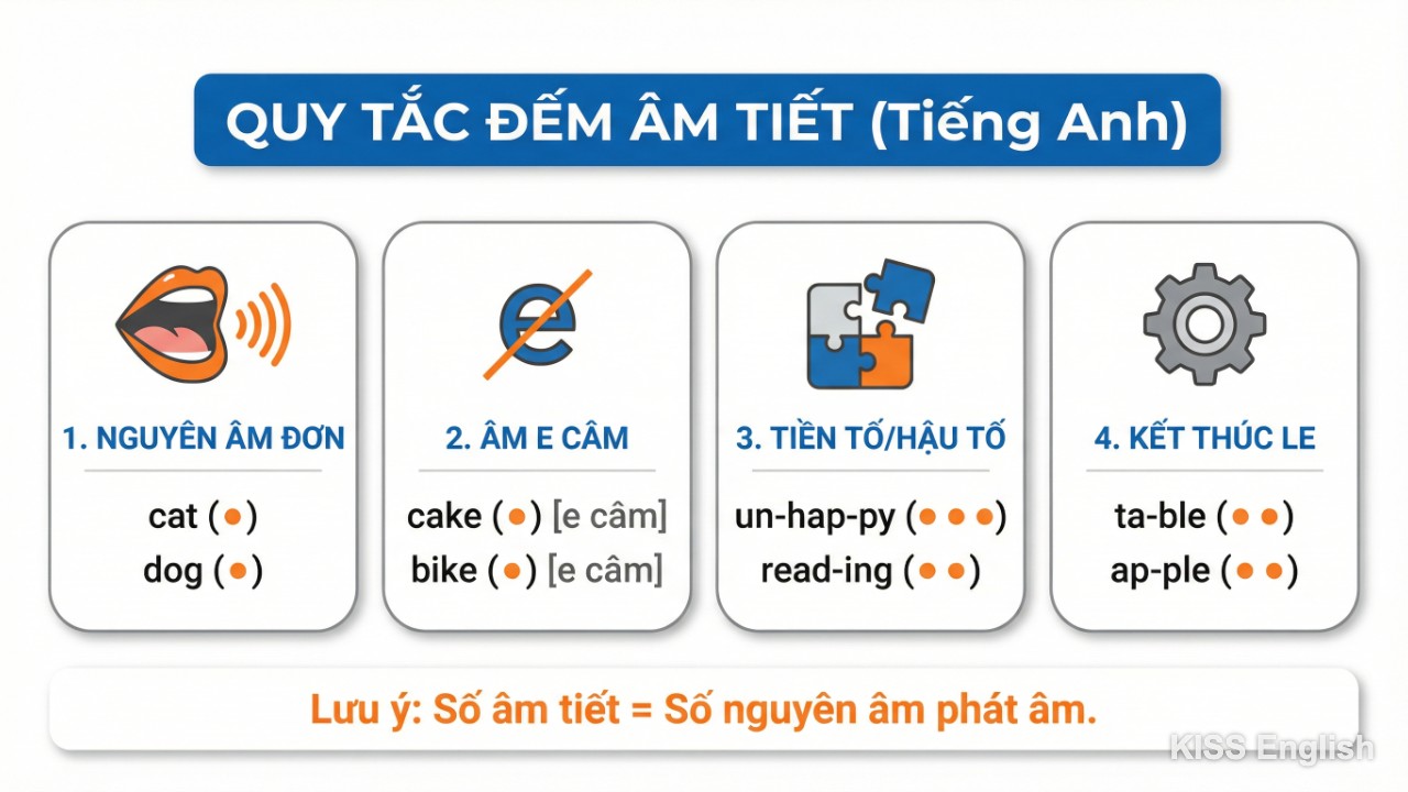 Minh họa các bước đếm âm tiết trong tiếng Anh qua các ví dụ thực tế giúp người học phát âm chuẩn xác.
