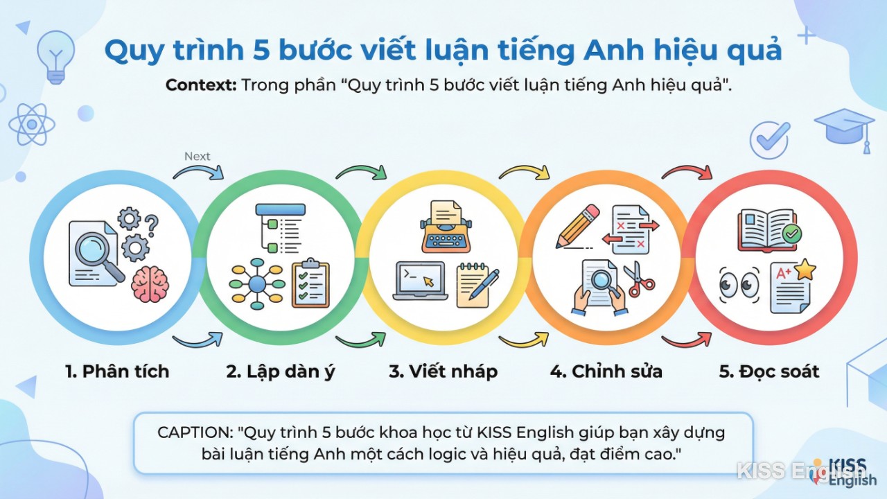 Biểu đồ quy trình 5 bước viết luận tiếng Anh bao gồm: Phân tích, Lập dàn ý, Viết nháp, Chỉnh sửa và Đọc soát, minh họa phương pháp học tập khoa học.