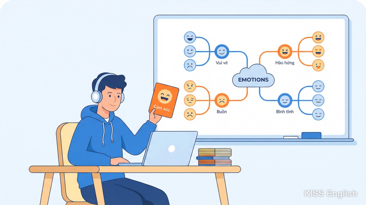 Người học đang sử dụng flashcards và mindmap để học từ vựng tiếng Anh về cảm xúc một cách hiệu quả