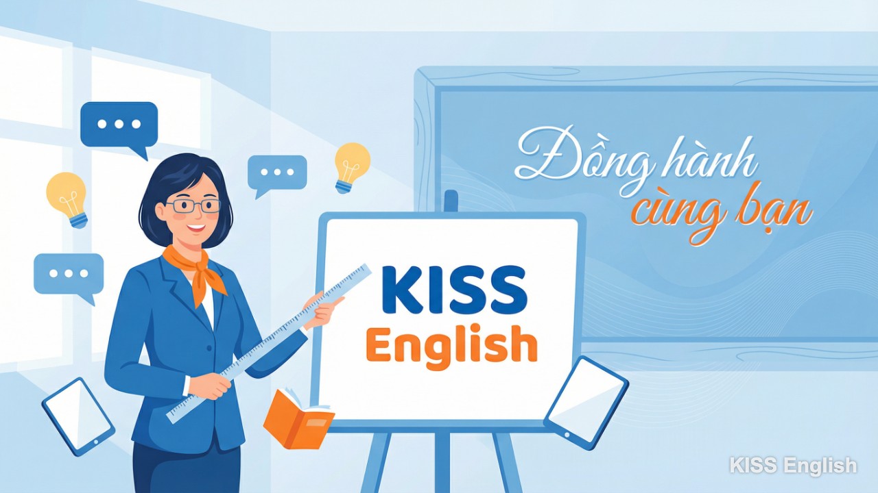 Ms. Thủy, người sáng lập KISS English, đang mỉm cười giảng dạy tiếng Anh, minh họa cho sự đồng hành và hỗ trợ học viên trong hành trình học tập.