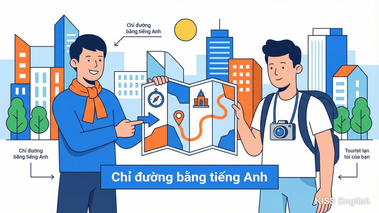 Người nước ngoài hỏi đường trên bản đồ, minh họa tầm quan trọng của chỉ đường bằng tiếng Anh