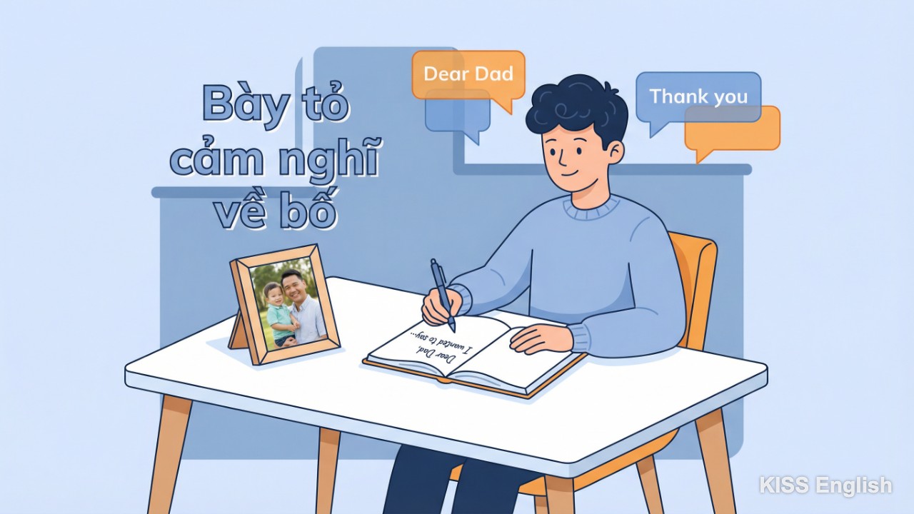 Một người đang viết thư cảm ơn bố bằng tiếng Anh, minh họa việc rèn luyện kỹ năng ngôn ngữ