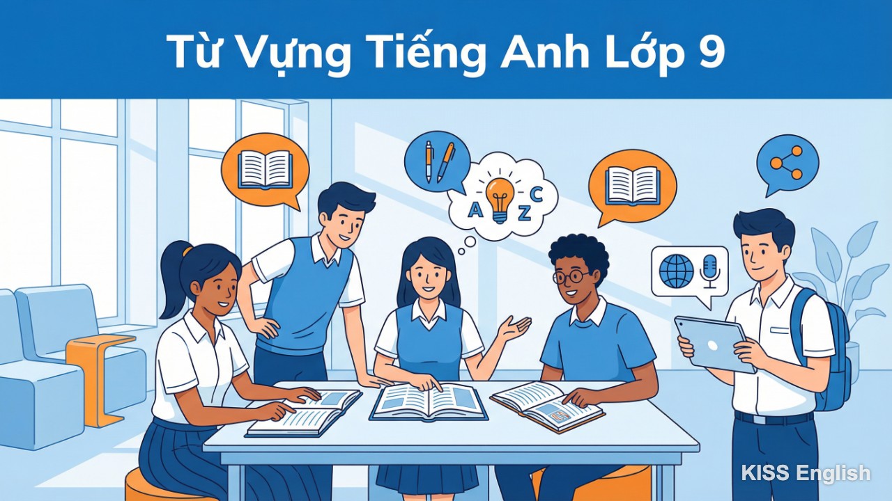 Nhóm học sinh lớp 9 hào hứng trao đổi từ vựng tiếng Anh cùng bạn bè, minh họa sự phát triển nền tảng kiến thức vững chắc