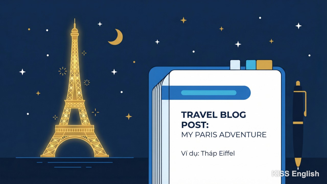 Tháp Eiffel về đêm rực rỡ, biểu tượng của Paris, Pháp, minh họa cho cách mô tả địa danh trong bài viết tiếng Anh