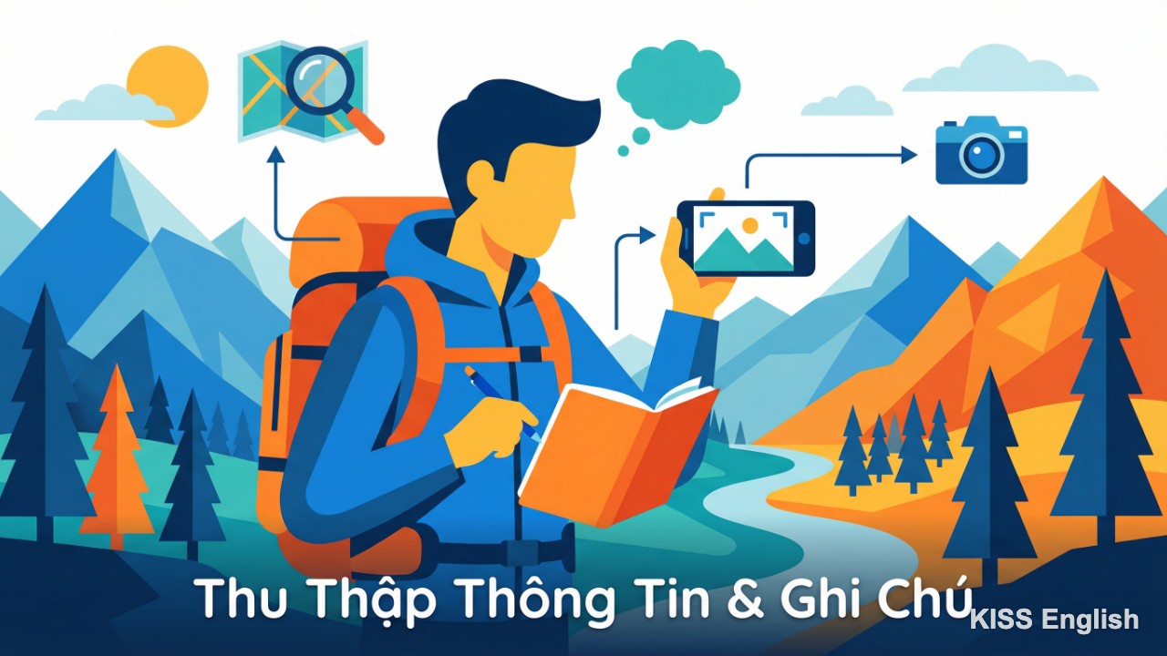 Người khách du lịch đang ghi chép vào sổ tay và chụp ảnh phong cảnh bằng điện thoại để thu thập tư liệu viết bài