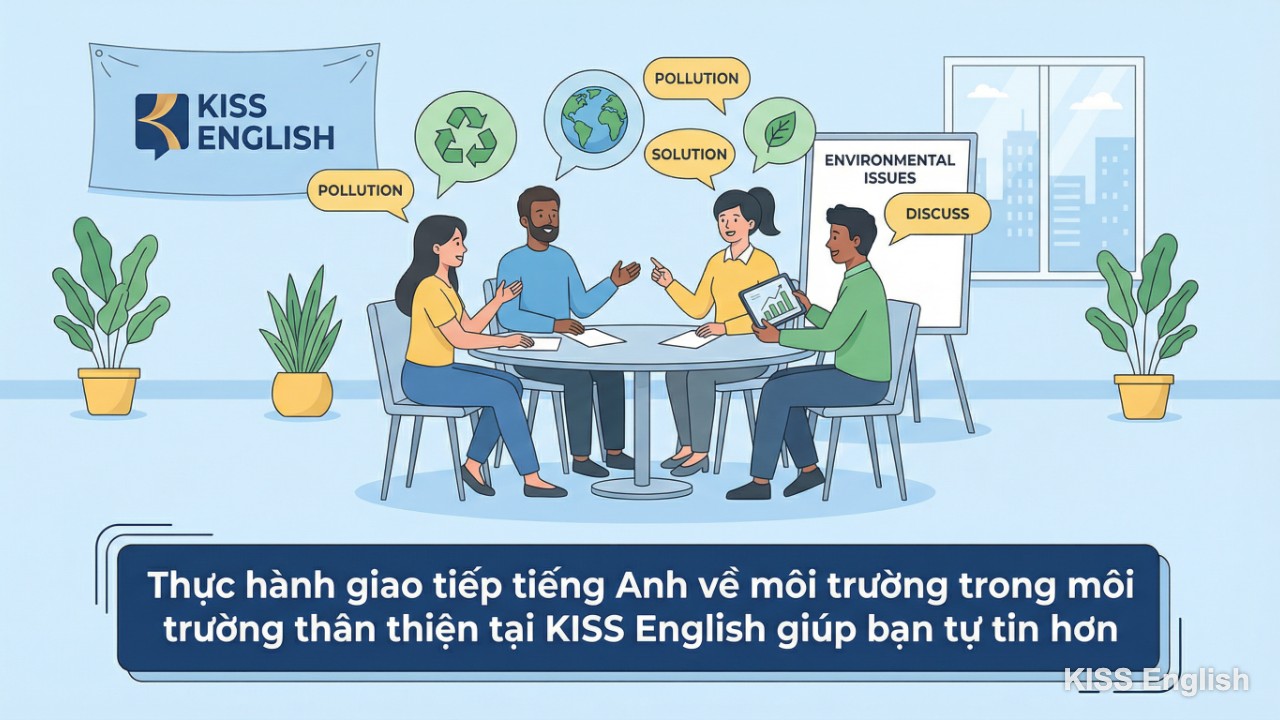 Các học viên tại KISS English đang tích cực thảo luận nhóm về chủ đề ô nhiễm môi trường bằng tiếng Anh trong một không gian học tập hiện đại và năng động.