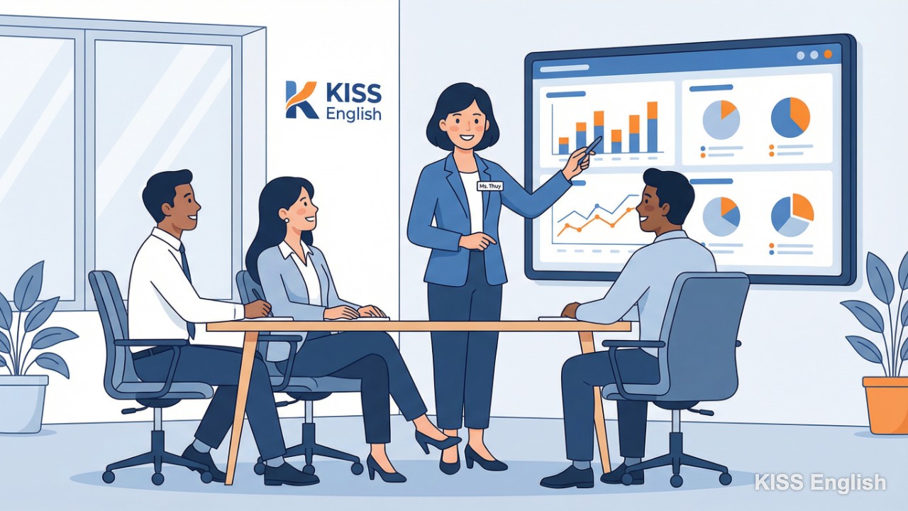 Hình ảnh Ms. Thủy Hoàng Minh Thủy đang nhiệt tình giảng bài và tương tác với học viên, thể hiện sự chuyên nghiệp và truyền cảm hứng học tập tại KISS English.